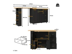 Mueble bar de cocina extensible con ruedas - 135-228 x 39 x 104 cm - con 2 puertas + 3 cajones - MDF + metal - negro
