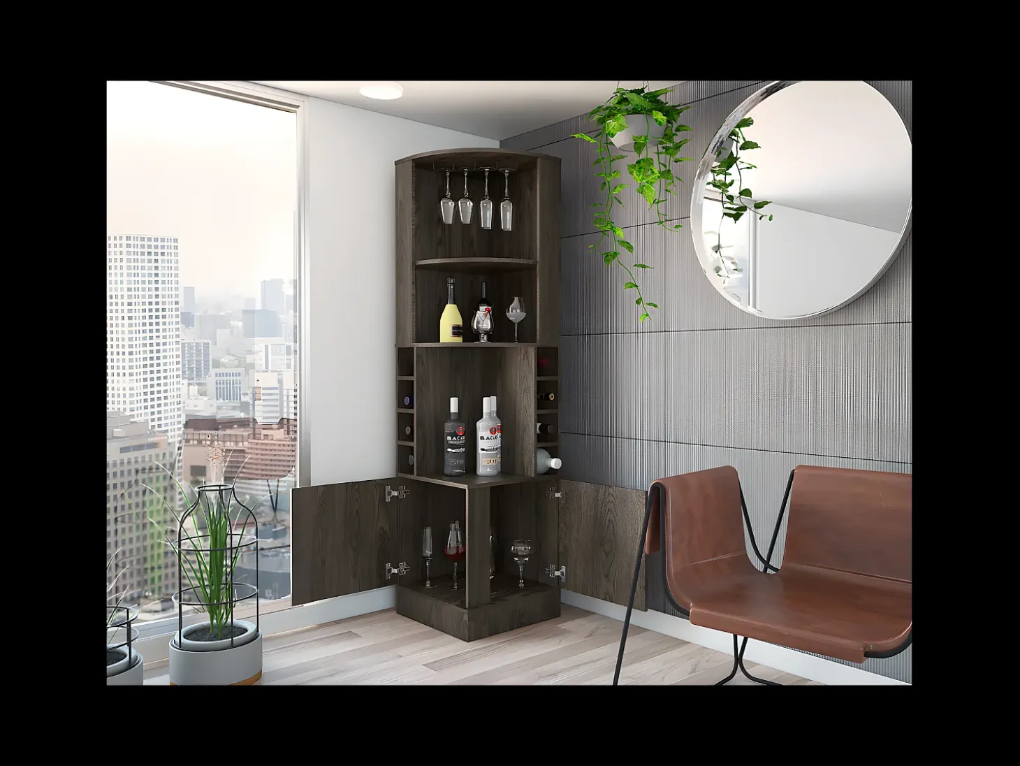 Mueble bar esquinero Syrah, con soporte para copas 180.6CM A X 46.9CM An X 46.9CM P Coñac