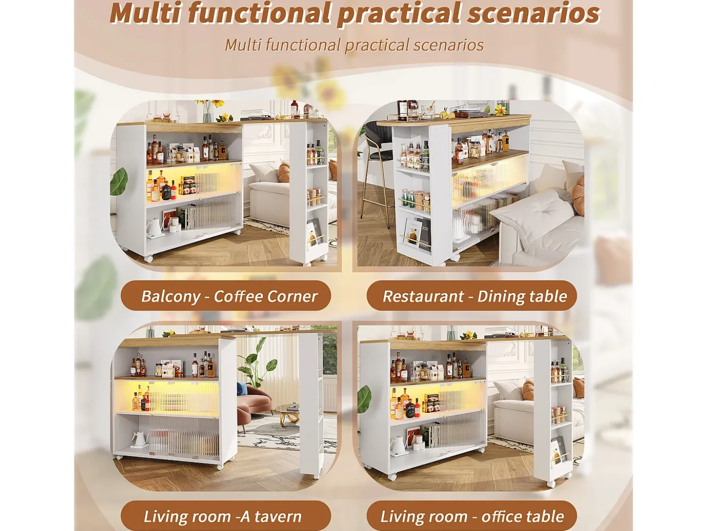 Mueble bar extensible - 2 puertas correderas de cristal, 3 estantes de almacenamiento y nicho - Tapa efecto madera MDF - LED - Natural y negro