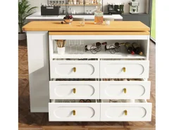 Mueble bar extensible con rotación de 360° - Longitud ajustable - con 6 cajones - MDF - blanco