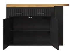 Mueble bar extensible con 2 cajones y 2 puertas - Tapa extensible con ruedas - Negro y madera