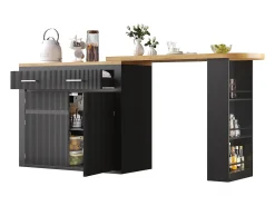 Mueble bar extensible con 2 cajones y 2 puertas - Tapa extensible con ruedas - Negro y madera