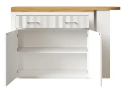 Mueble bar extensible con 2 cajones y 2 puertas - Tapa extensible con ruedas - Blanco y madera