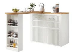 Mueble bar extensible con 2 cajones y 2 puertas - Tapa extensible con ruedas - Blanco y madera