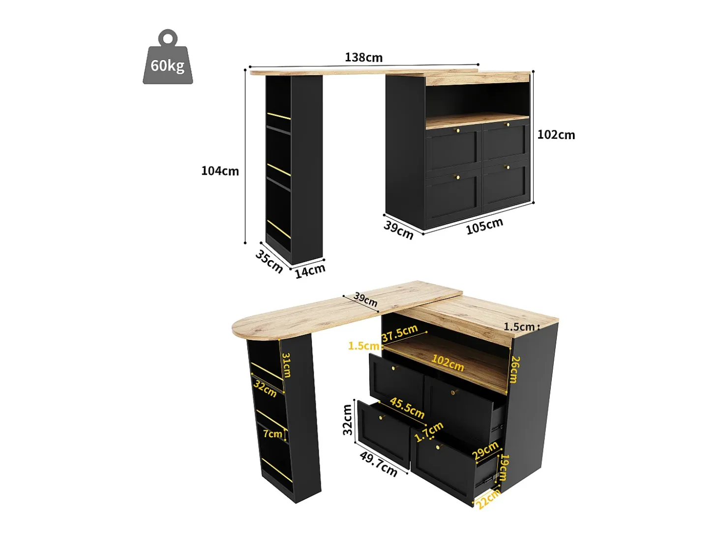 Mueble bar giratorio - 4 cajones, 3 estantes y nicho - Tapa efecto madera MDF - 138 cm/105x39x102 cm - Negro