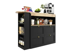 Mueble bar giratorio - 4 cajones, 3 estantes y nicho - Tapa efecto madera MDF - 138 cm/105x39x102 cm - Negro
