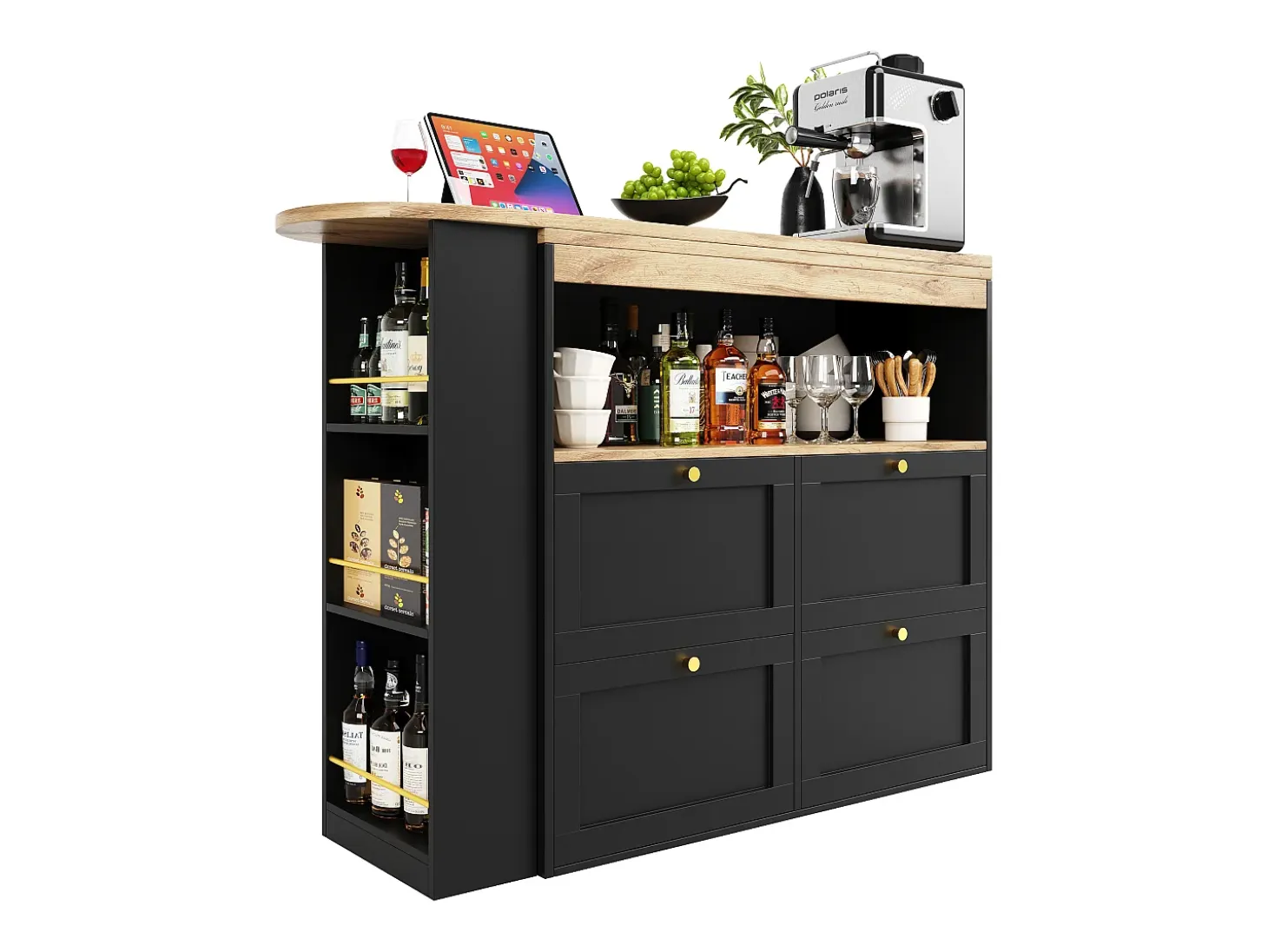 Mueble bar giratorio - 4 cajones, 3 estantes y nicho - Tapa efecto madera MDF - 138 cm/105x39x102 cm - Negro