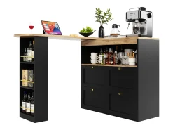 Mueble bar giratorio - 4 cajones, 3 estantes y nicho - Tapa efecto madera MDF - 138 cm/105x39x102 cm - Negro