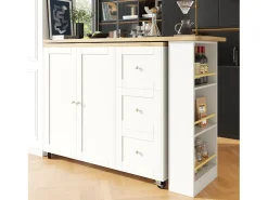 Mueble bar giratorio - 2 puertas, 2 cajones y estantes de almacenaje - 138/209 x 39 x 104 cm - Madera MDF y cristal - Blanco + natural