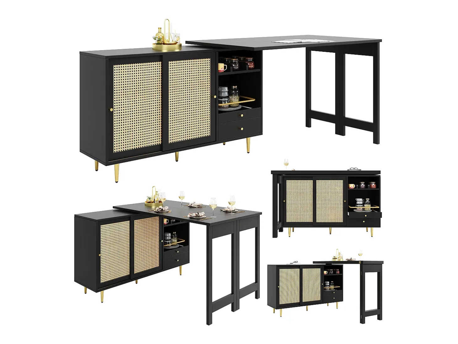 Mueble bar giratorio - 2 puertas, cajones y estantes de almacenaje - MDF y efecto ratán - Negro
