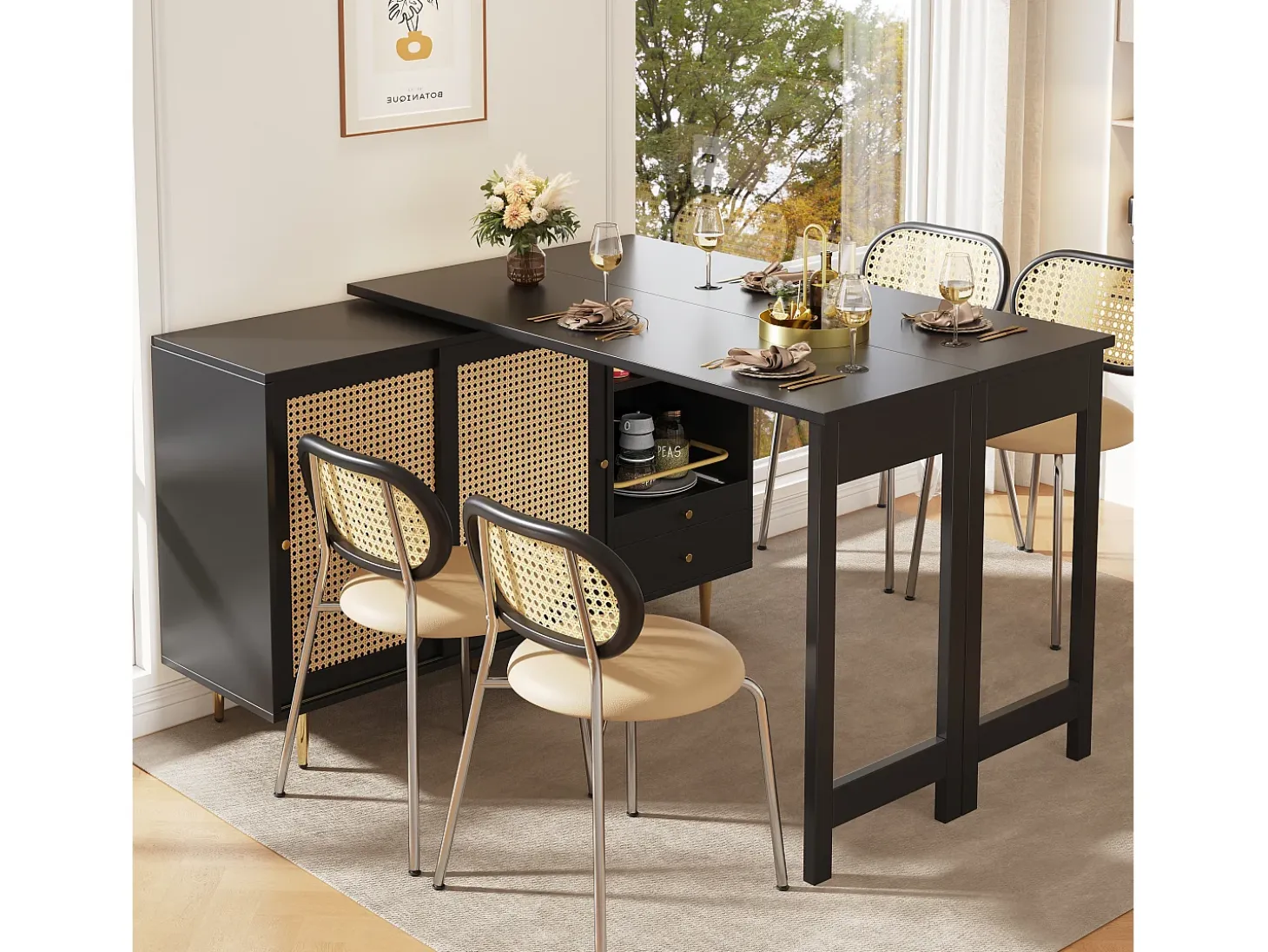Mueble bar giratorio - 2 puertas, cajones y estantes de almacenaje - MDF y efecto ratán - Negro