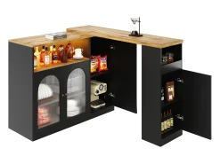 Mueble Bar Giratorio - 4 Puertas y Estantes de Almacenamiento - LEDs - Madera MDF - Negro y Natural