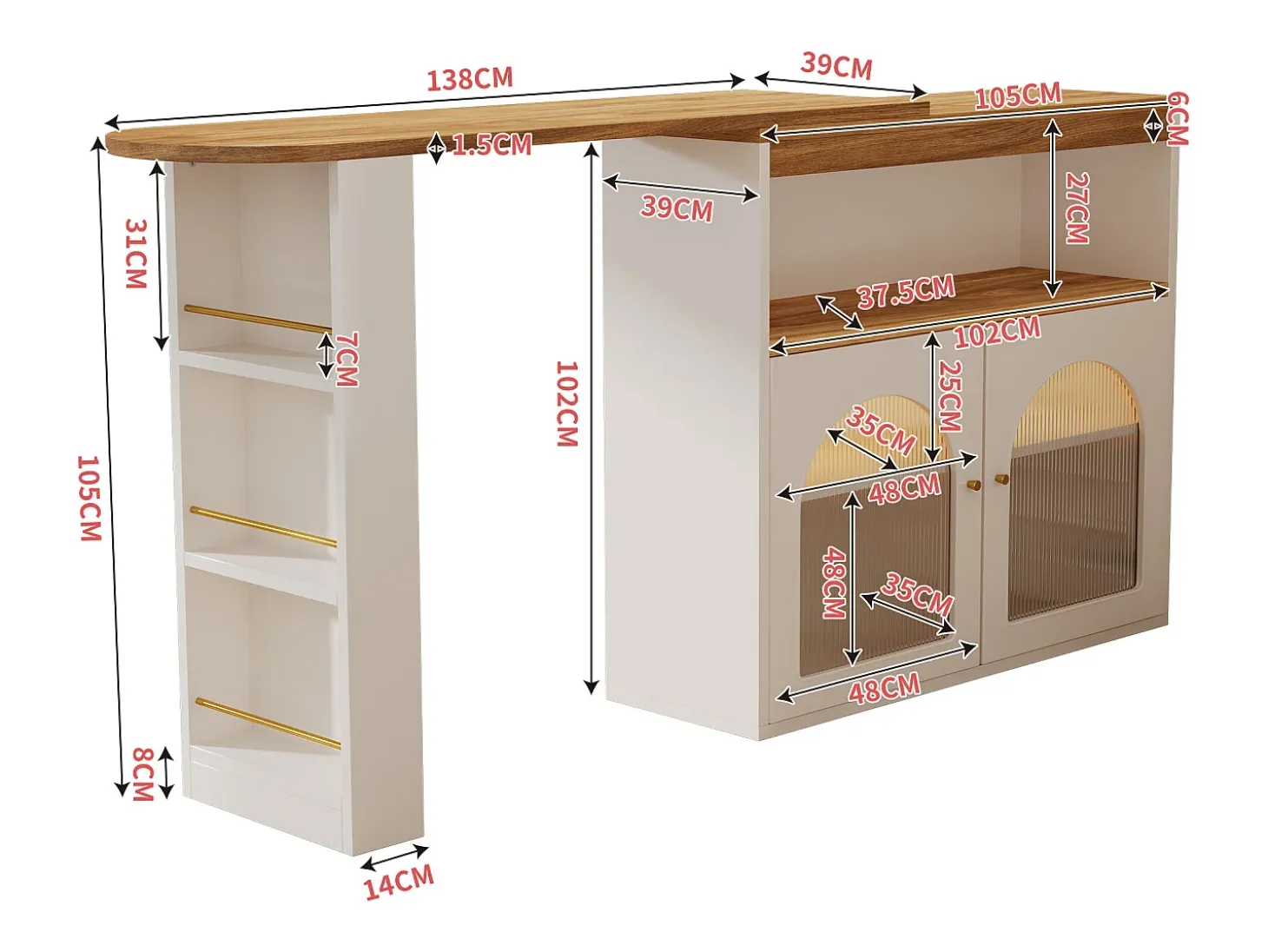 Mueble bar giratorio - 2 puertas, 3 estantes de almacenamiento y nicho - Tapa efecto madera MDF - LED - Natural y blanco