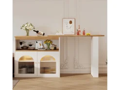 Mueble bar giratorio - 2 puertas, 3 estantes de almacenamiento y nicho - Tapa efecto madera MDF - LED - Natural y blanco