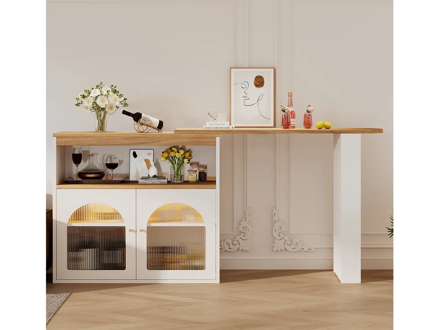 Mueble bar giratorio - 2 puertas, 3 estantes de almacenamiento y nicho - Tapa efecto madera MDF - LED - Natural y blanco