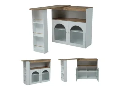 Mueble bar giratorio - 2 puertas, 3 estantes de almacenamiento y nicho - Tapa efecto madera MDF - LED - Natural y blanco