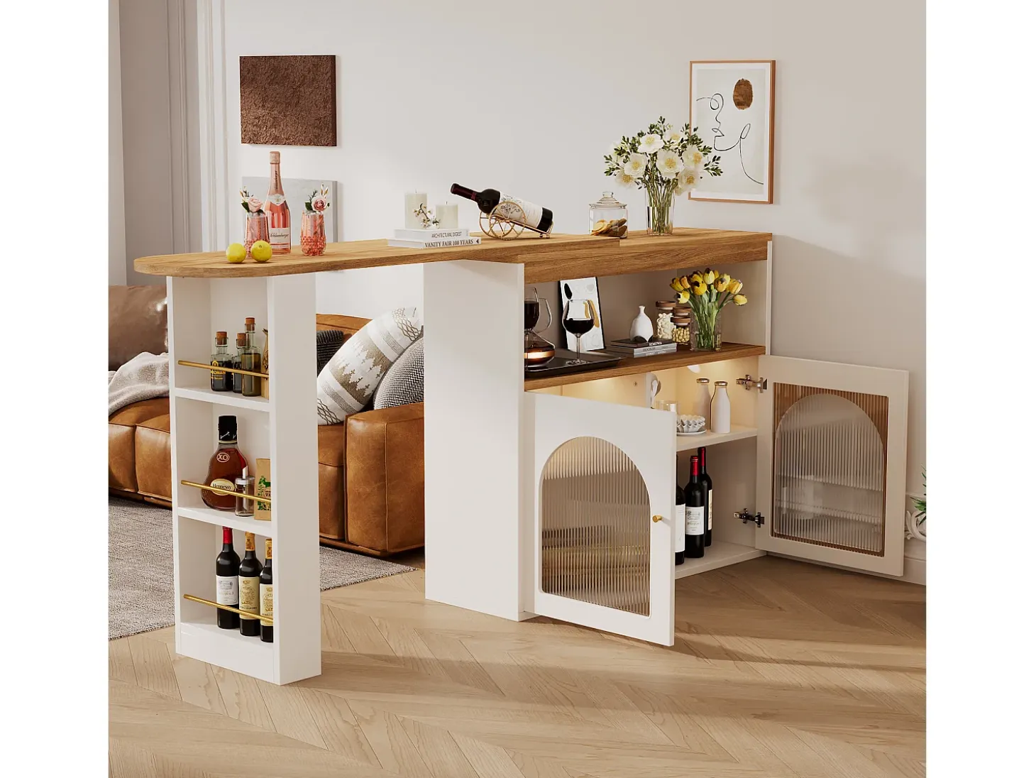Mueble bar giratorio - 2 puertas, 3 estantes de almacenamiento y nicho - Tapa efecto madera MDF - LED - Natural y blanco