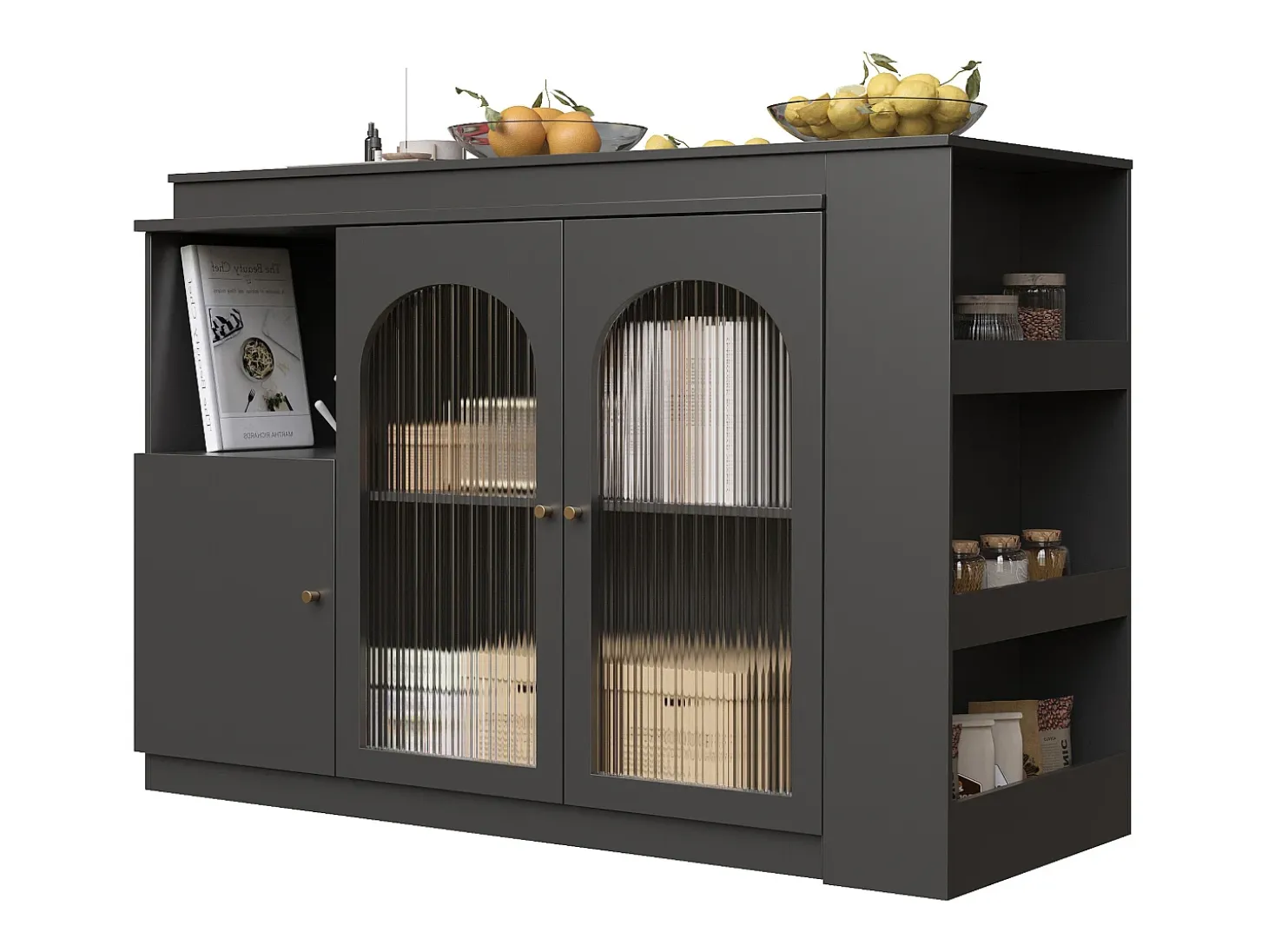 Mueble bar giratorio - 200 x 40 x 103 cm - con 3 puertas y 4 compartimentos abiertos - puerta de cristal - negro
