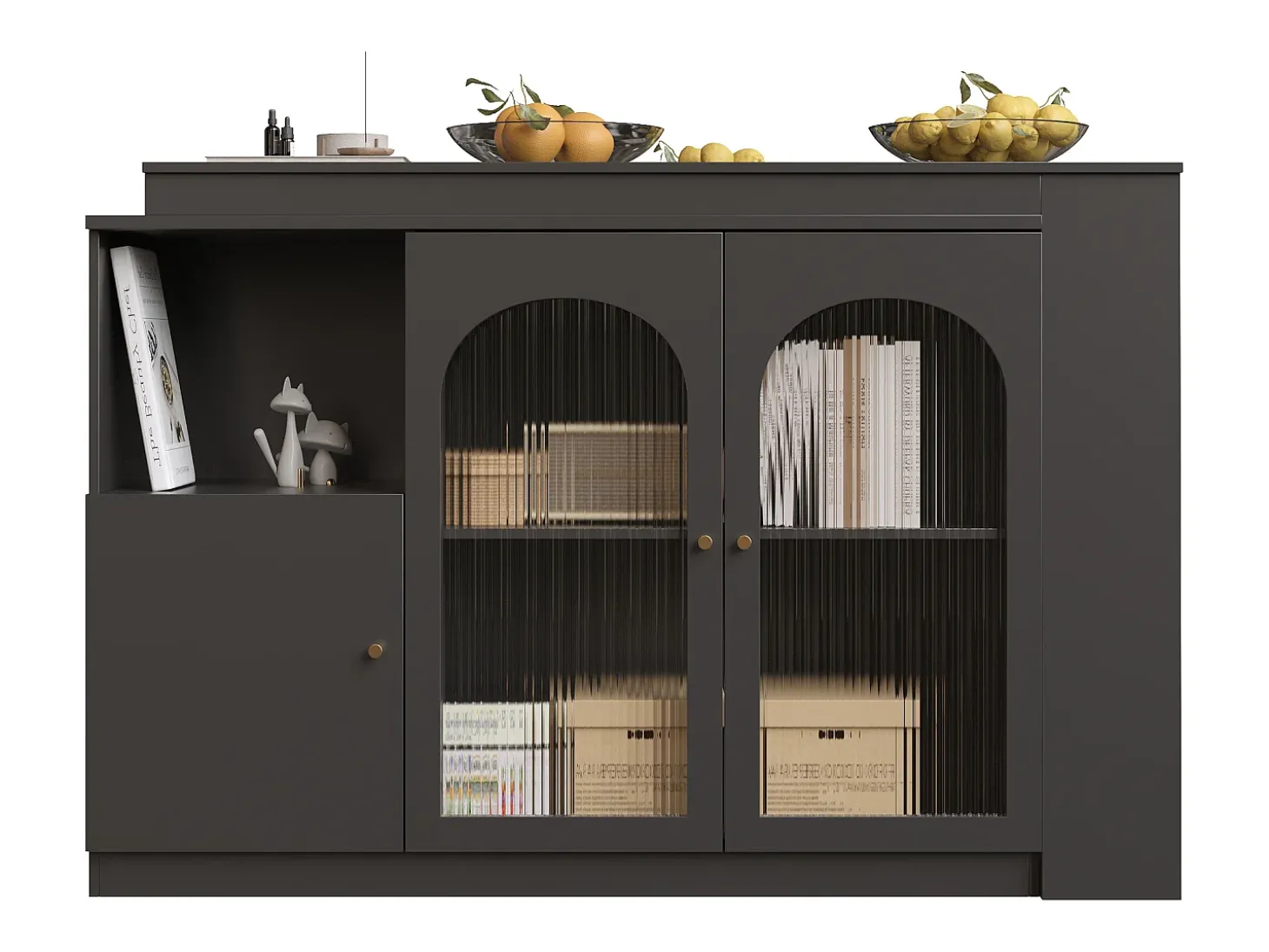 Mueble bar giratorio - 200 x 40 x 103 cm - con 3 puertas y 4 compartimentos abiertos - puerta de cristal - negro