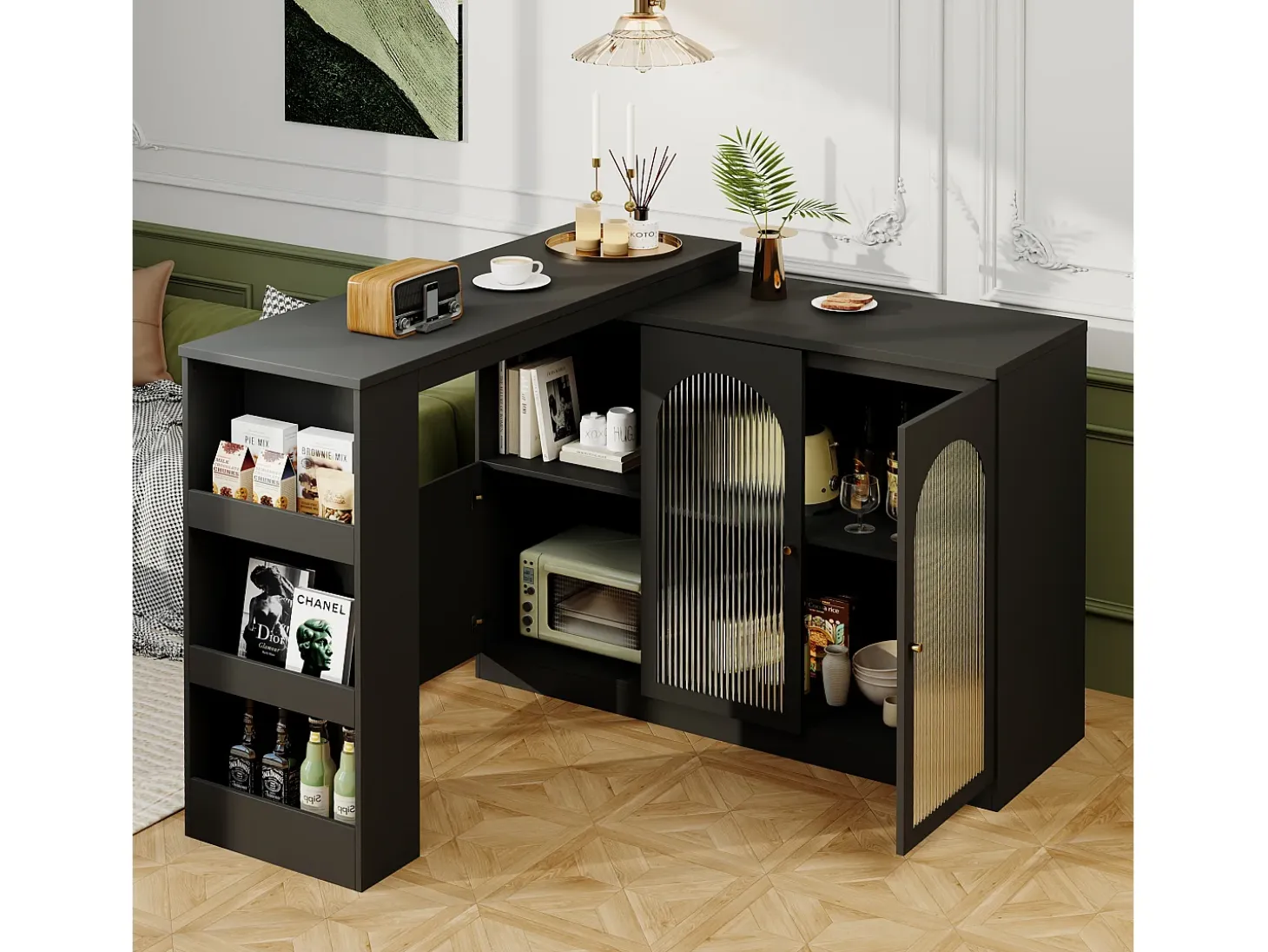 Mueble bar giratorio - 200 x 40 x 103 cm - con 3 puertas y 4 compartimentos abiertos - puerta de cristal - negro