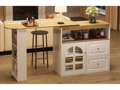 Mueble bar giratorio - 204 x 39 x 104 cm - con 2 cajones + 1 puerta + 3 estantes snack - MDF - blanco