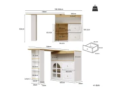 Mueble bar giratorio - 204 x 39 x 104 cm - con 2 cajones + 1 puerta + 3 estantes snack - MDF - blanco