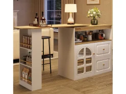 Mueble bar giratorio - 204 x 39 x 104 cm - con 2 cajones + 1 puerta + 3 estantes snack - MDF - blanco