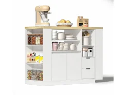 Mueble bar giratorio - 115 x 50 x 92 cm - con estantes + 2 cajones + mesa extensible - MDF - blanco + natural