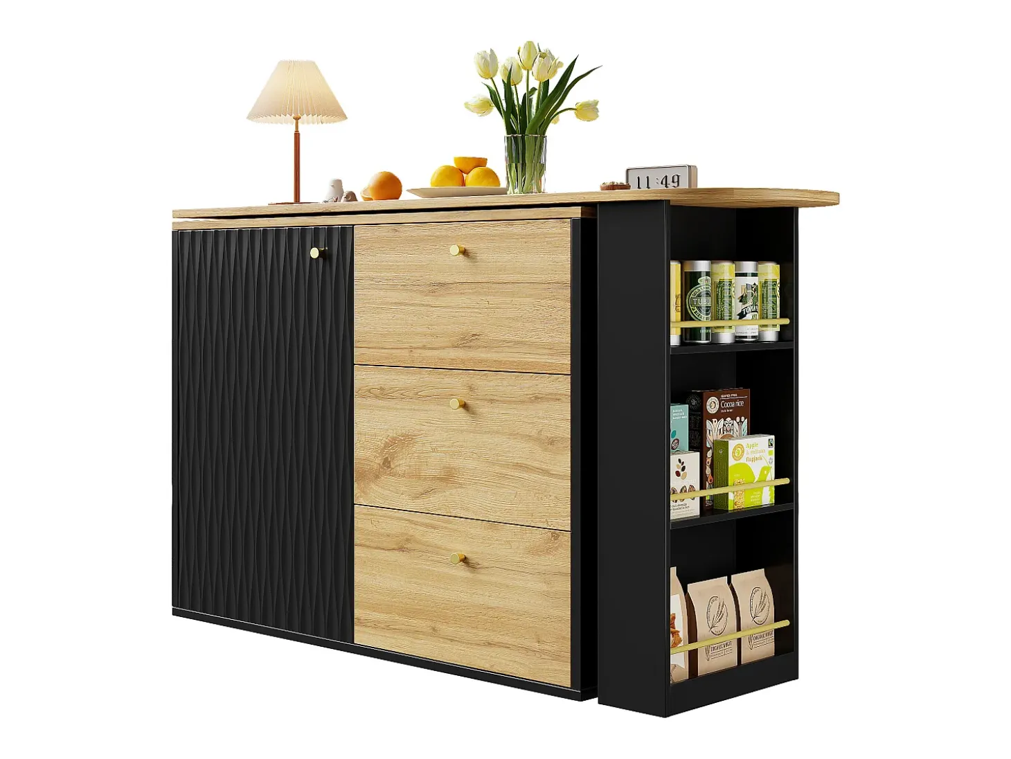 Mueble bar giratorio - Mesa de bar extensible con 3 cajones y 1 puerta - almacenamiento abierto - negro