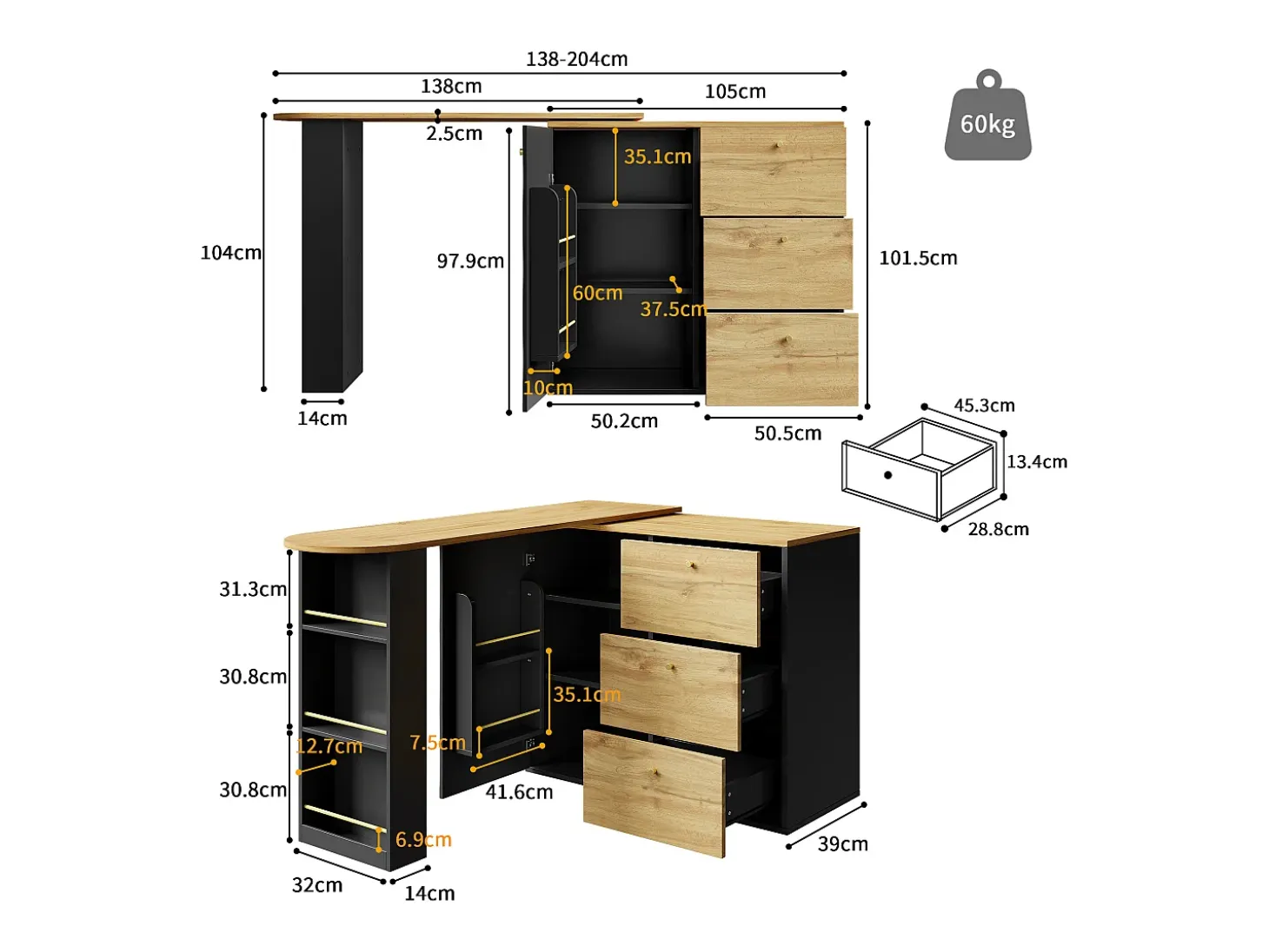 Mueble bar giratorio - Mesa de bar extensible con 3 cajones y 1 puerta - almacenamiento abierto - negro