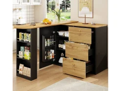 Mueble bar giratorio - Mesa de bar extensible con 3 cajones y 1 puerta - almacenamiento abierto - negro