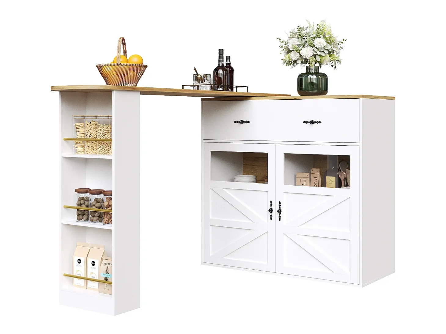 Mueble bar giratorio - Mesa de bar extensible con 1 cajones y 2 puerta de cristal - almacenamiento abierto - blanco