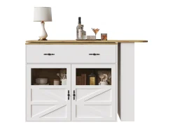 Mueble bar giratorio - Mesa de bar extensible con 1 cajones y 2 puerta de cristal - almacenamiento abierto - blanco