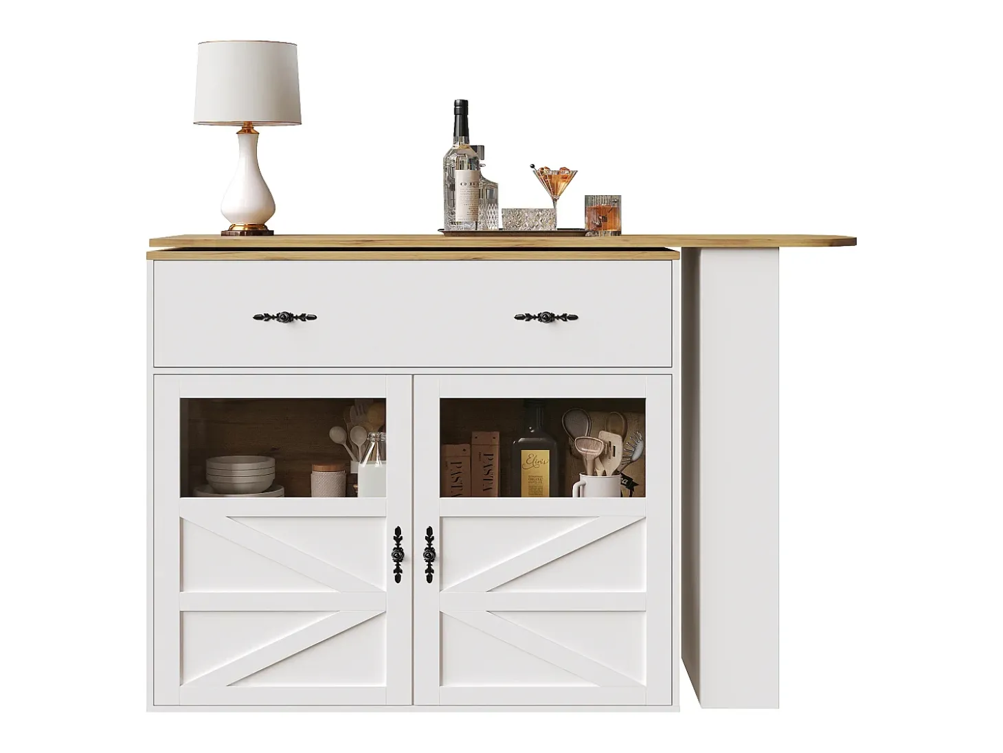 Mueble bar giratorio - Mesa de bar extensible con 1 cajones y 2 puerta de cristal - almacenamiento abierto - blanco