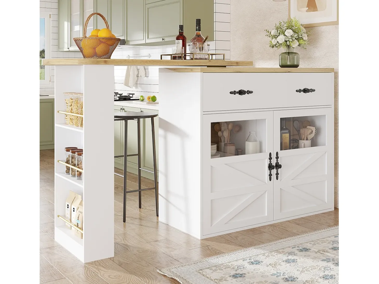 Mueble bar giratorio - Mesa de bar extensible con 1 cajones y 2 puerta de cristal - almacenamiento abierto - blanco