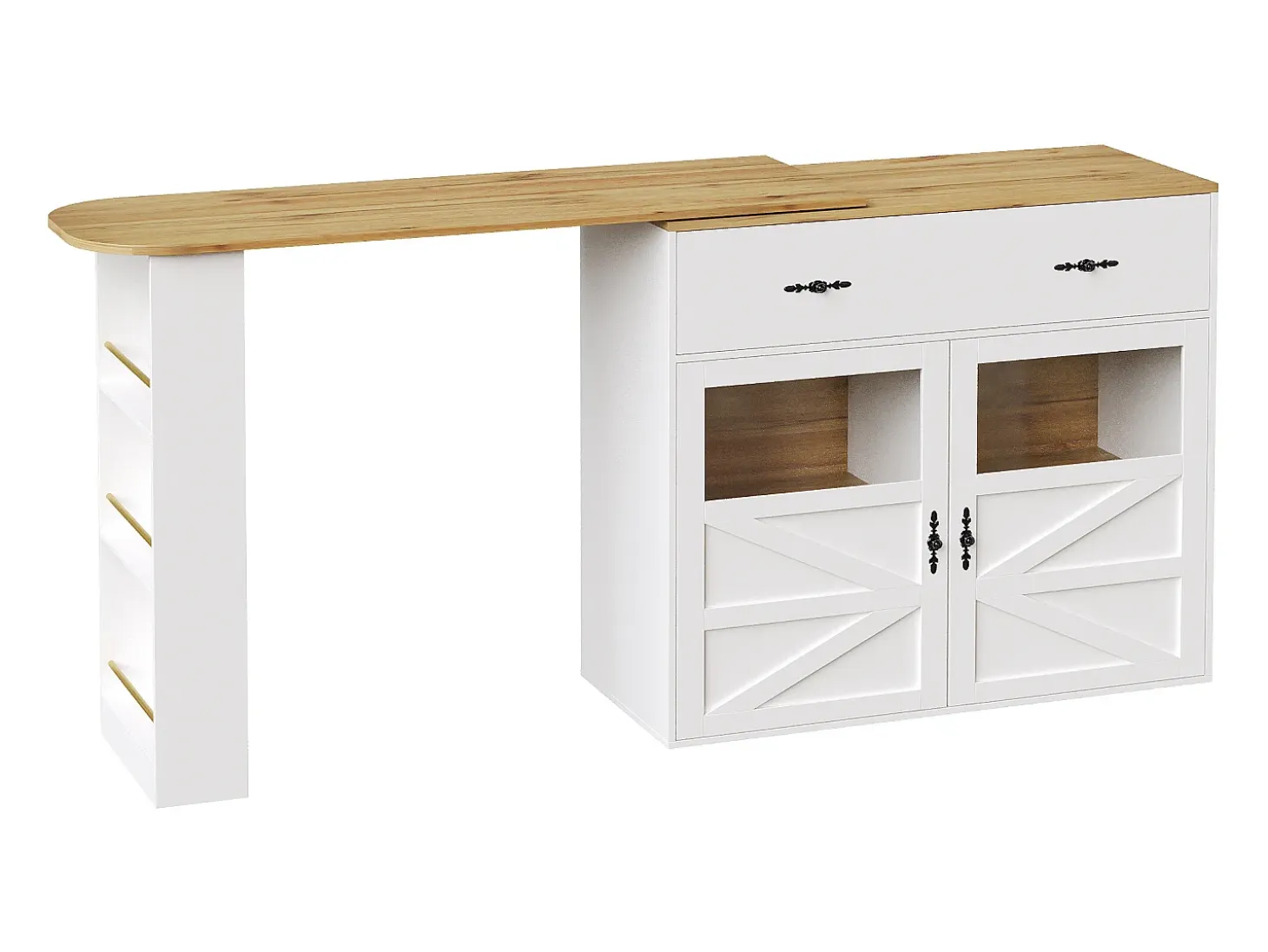 Mueble bar giratorio - Mesa de bar extensible con 1 cajones y 2 puerta de cristal - almacenamiento abierto - blanco