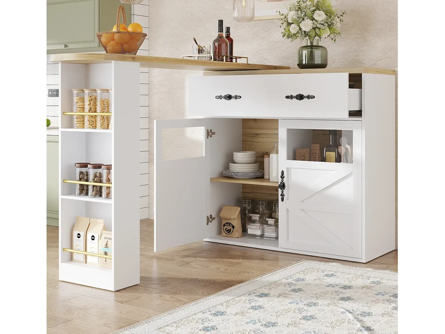Mueble bar giratorio - Mesa de bar extensible con 1 cajones y 2 puerta de cristal - almacenamiento abierto - blanco