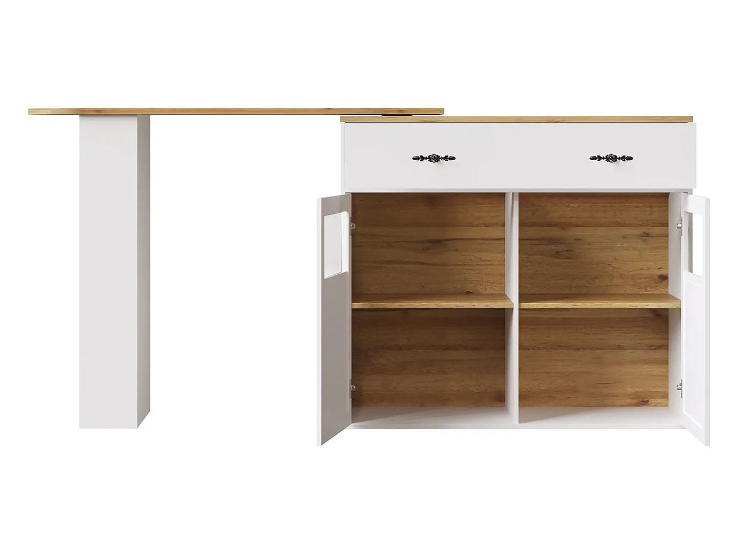 Mueble bar giratorio - Mesa de bar extensible con 1 cajones y 2 puerta de cristal - almacenamiento abierto - blanco