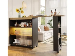 Mueble bar giratorio - Mesa de bar extensible con iluminación LED y puerta corrediza de vidrio - 4 compartimentos abiertos - negro