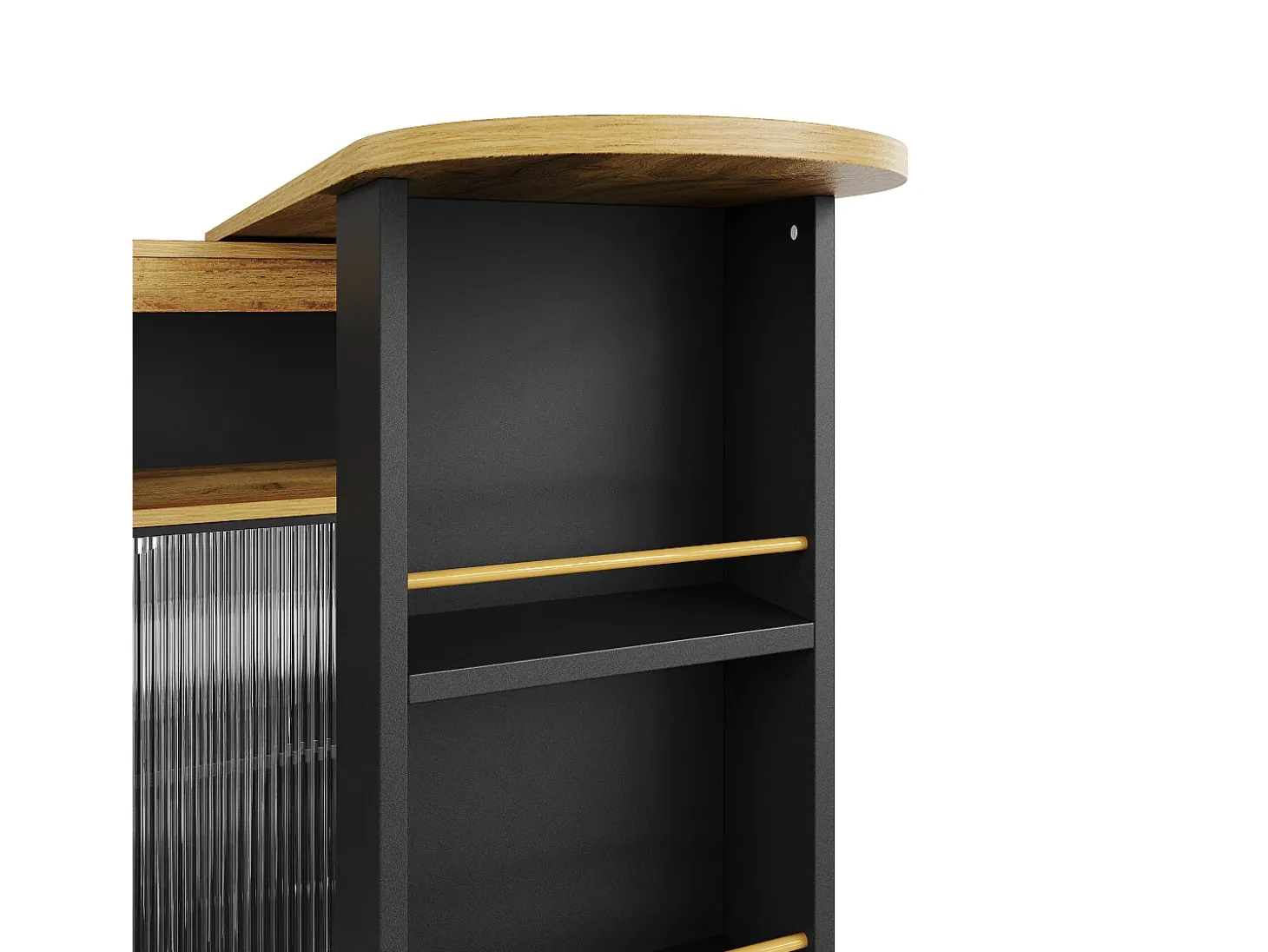 Mueble bar giratorio - Mesa de bar extensible con iluminación LED y puerta corrediza de vidrio - 4 compartimentos abiertos - negro
