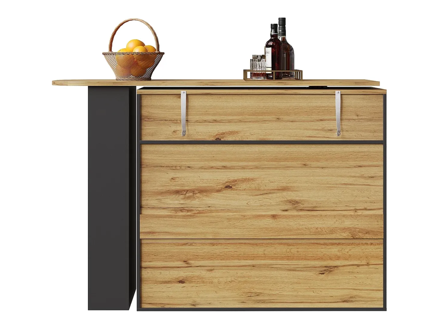Mueble bar giratorio - Mesa de bar extensible con 1 cajones y 2 puerta de cristal - almacenamiento abierto - negro