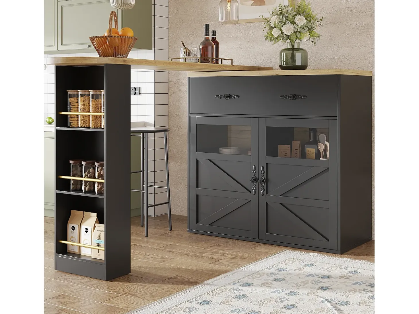 Mueble bar giratorio - Mesa de bar extensible con 1 cajones y 2 puerta de cristal - almacenamiento abierto - negro