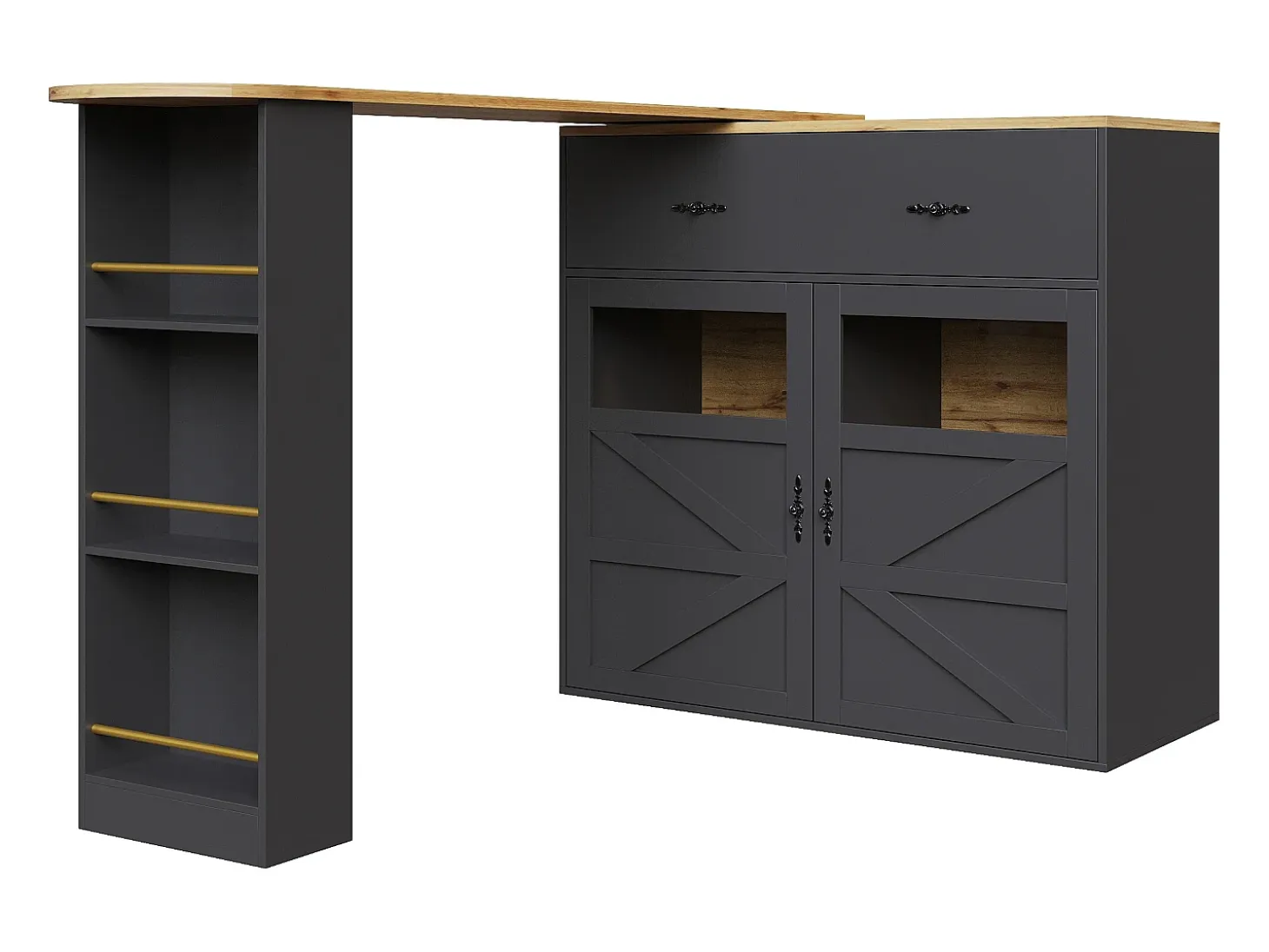 Mueble bar giratorio - Mesa de bar extensible con 1 cajones y 2 puerta de cristal - almacenamiento abierto - negro