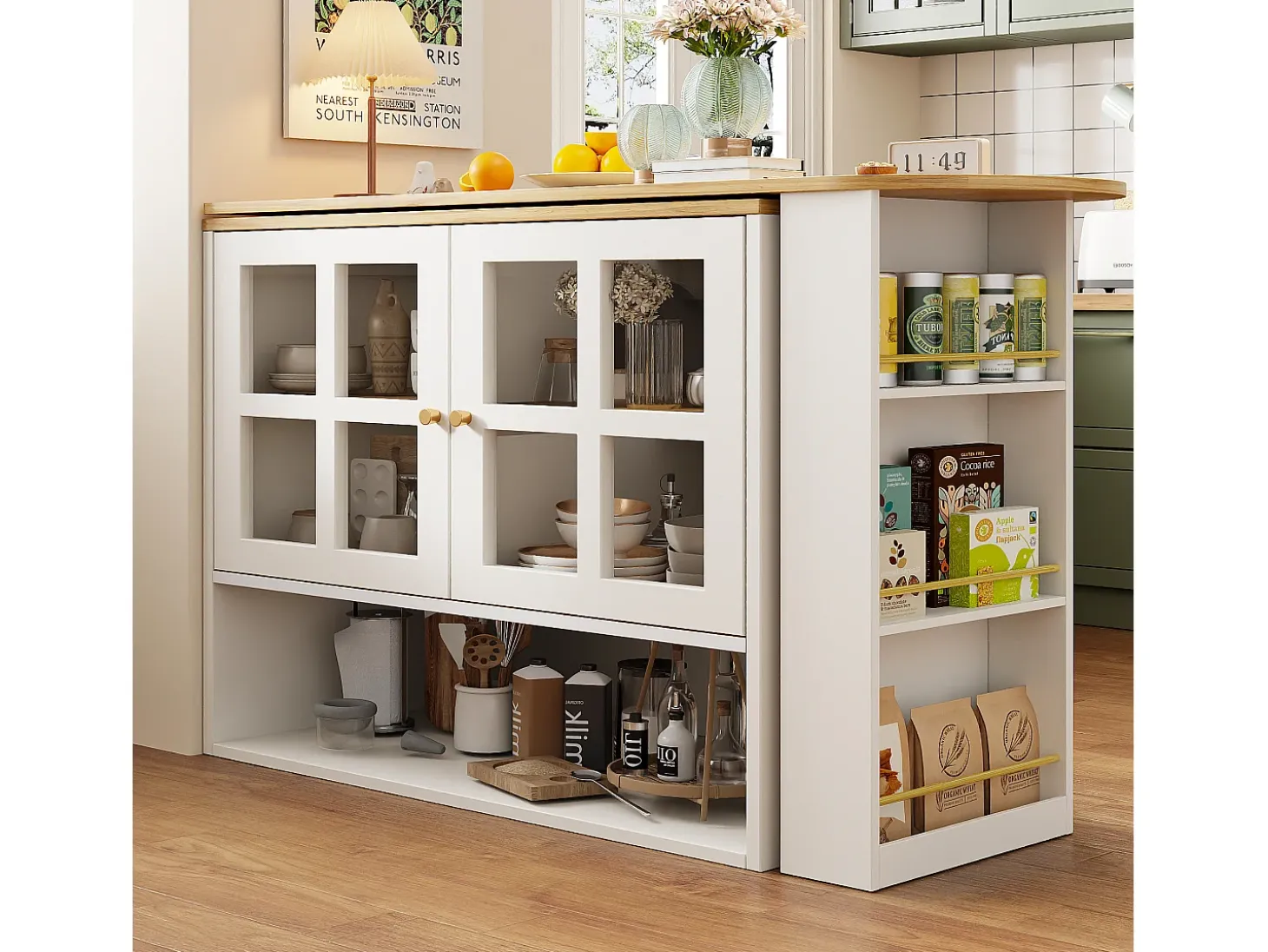 Mueble bar giratorio - Mesa de bar extensible con 2 puertas y 3 estantes ajustables - almacenamiento abierto - blanco
