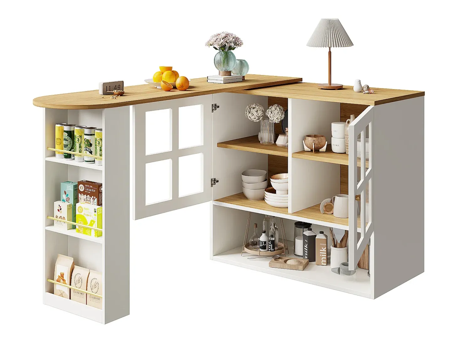 Mueble bar giratorio - Mesa de bar extensible con 2 puertas y 3 estantes ajustables - almacenamiento abierto - blanco