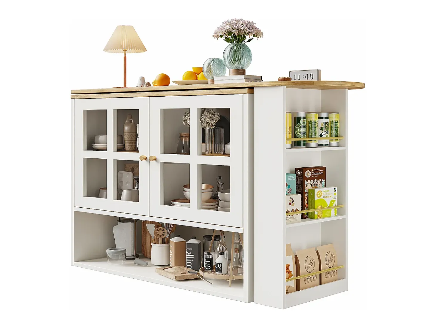 Mueble bar giratorio - Mesa de bar extensible con 2 puertas y 3 estantes ajustables - almacenamiento abierto - blanco