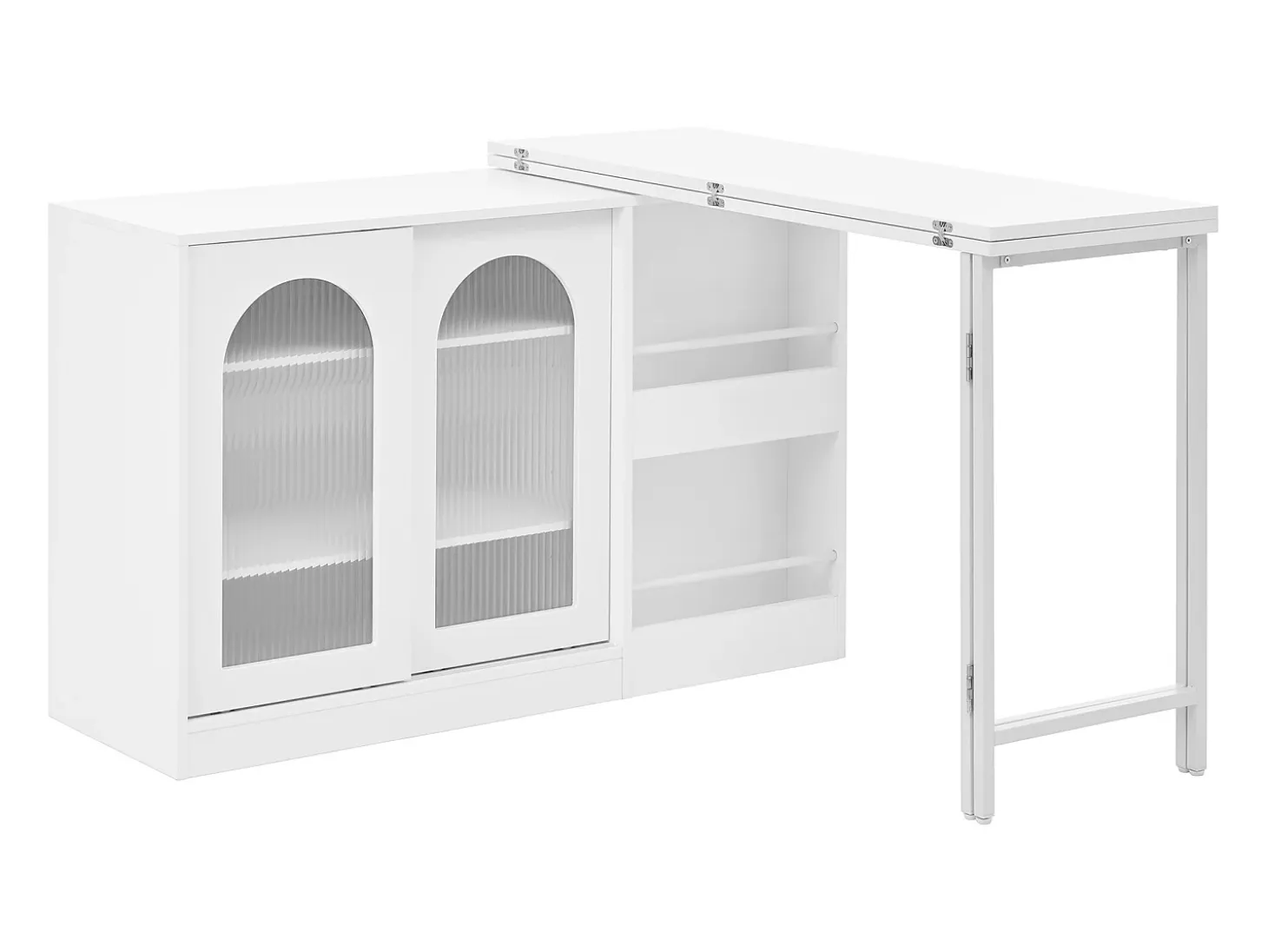 Mueble bar giratorio blanco - Mesa de bar con 2 puertas de cristal y 2 compartimentos de almacenamiento abiertos - parte superior giratoria