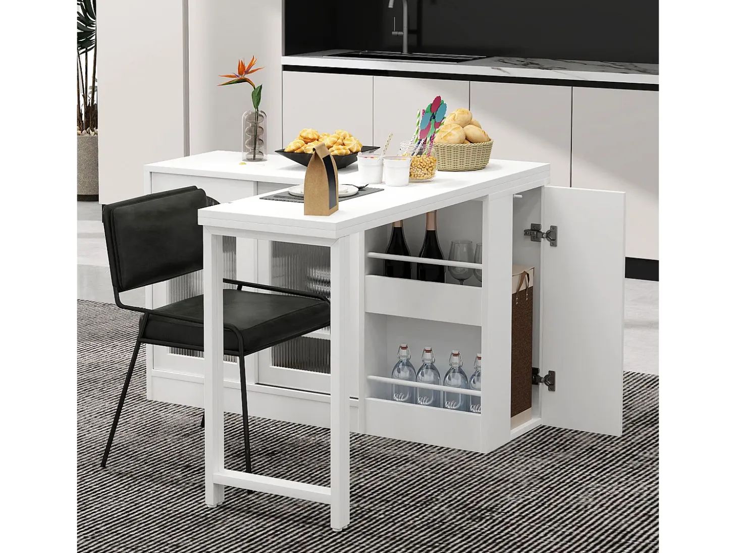 Mueble bar giratorio blanco - Mesa de bar con 2 puertas de cristal y 2 compartimentos de almacenamiento abiertos - parte superior giratoria