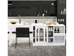 Mueble bar giratorio blanco - Mesa de bar con 2 puertas de cristal y 2 compartimentos de almacenamiento abiertos - parte superior giratoria