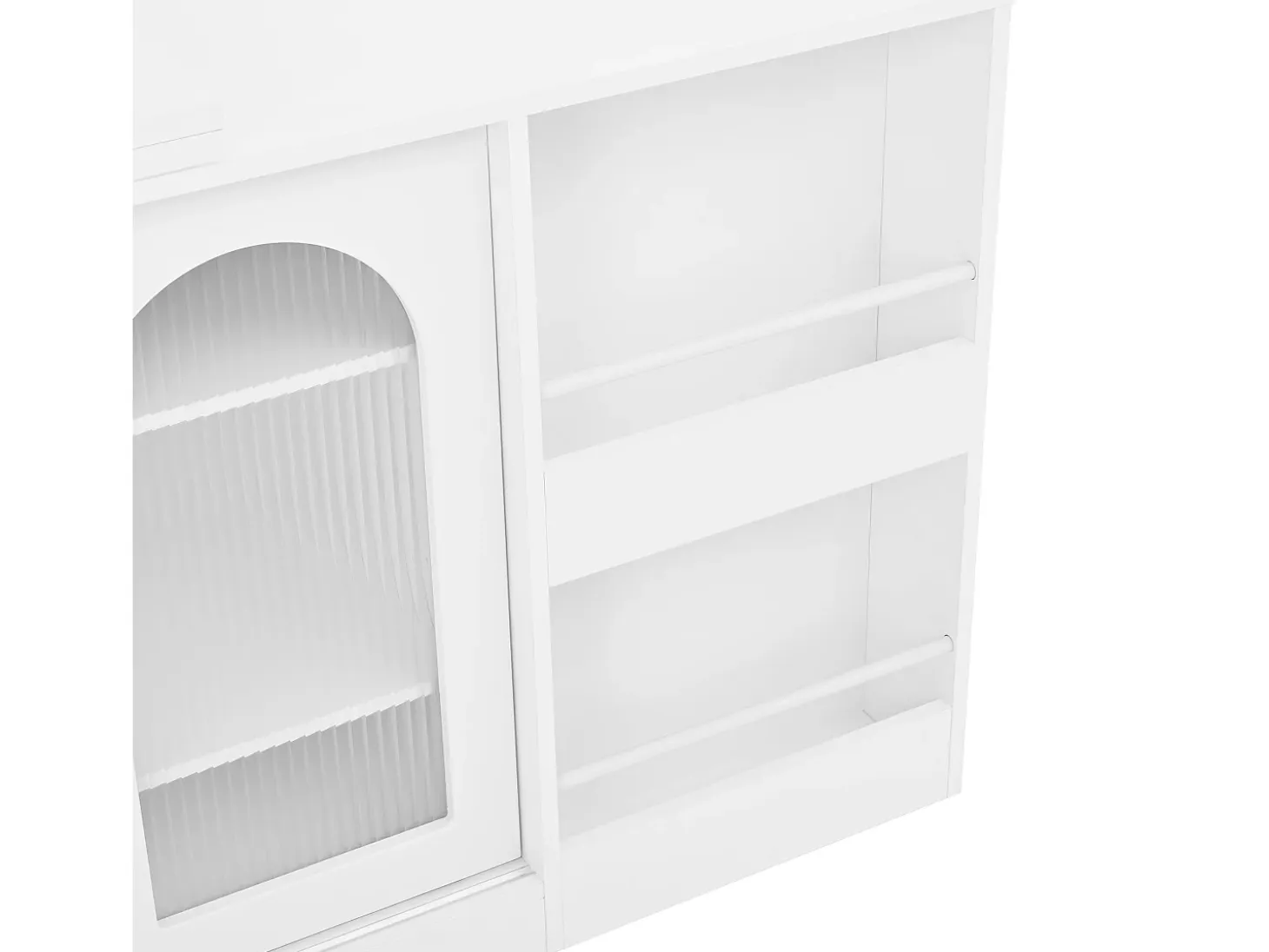 Mueble bar giratorio blanco - Mesa de bar con 2 puertas de cristal y 2 compartimentos de almacenamiento abiertos - parte superior giratoria
